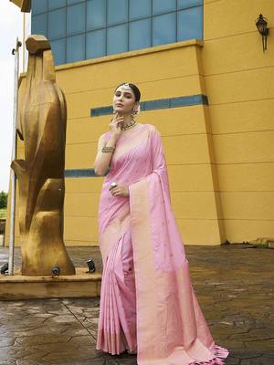 Pink nylon banarasi wevon jacquard ethnic indian traditional look saree 5