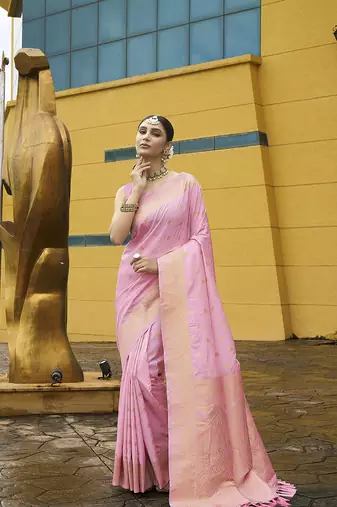 Pink nylon faux banarasi wevon jacquard ethnic indian traditional look saree