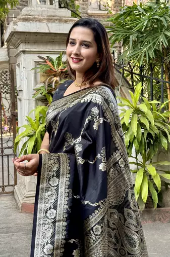 Black wevon jacquard zari faux banarasi silk blend festive ceremonial saree