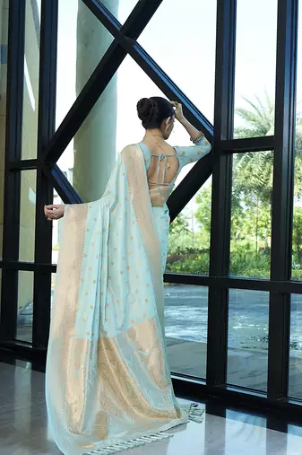 Aqua nylon faux banarasi wevon jacquard ethnic indian traditional look saree