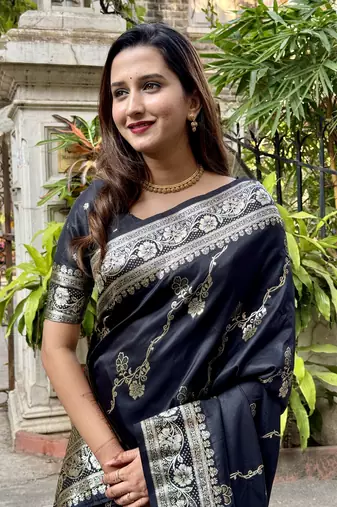 Black wevon jacquard zari faux banarasi silk blend festive ceremonial saree