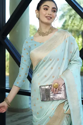 Aqua nylon faux banarasi wevon jacquard ethnic indian traditional look saree
