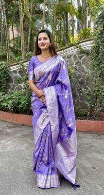 Purple wevon jacquard zari faux banarasi silk blend festive ceremonial saree 1