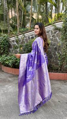 Purple wevon jacquard zari faux banarasi silk blend festive ceremonial saree 2