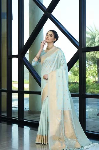 Aqua nylon faux banarasi wevon jacquard ethnic indian traditional look saree