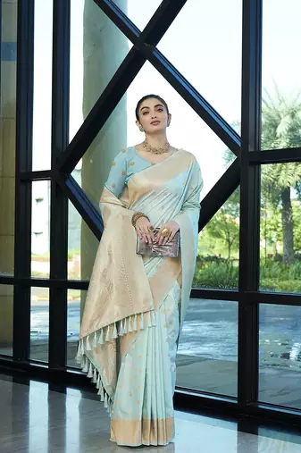 Aqua nylon faux banarasi wevon jacquard ethnic indian traditional look saree
