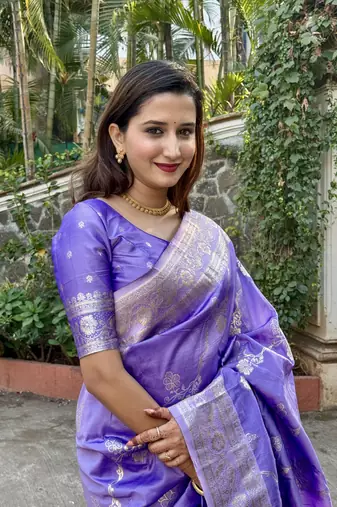 Purple wevon jacquard zari faux banarasi silk blend festive ceremonial saree