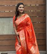 Orange wevon jacquard jari banarasi silk blend festive ceremonial saree
