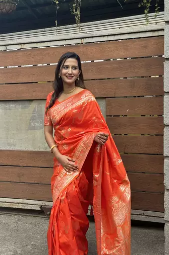 Orange wevon jacquard zari faux banarasi silk blend festive ceremonial saree