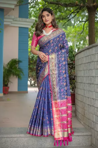 Women's Navy Blue Faux Patola Silk Zari Woven Traditional Saree with Blouse