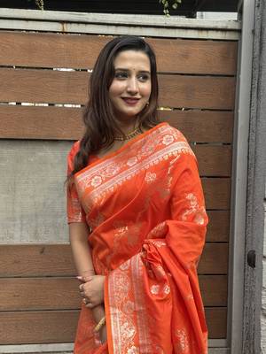 Orange wevon jacquard zari faux banarasi silk blend festive ceremonial saree 3