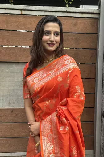 Orange wevon jacquard zari faux banarasi silk blend festive ceremonial saree