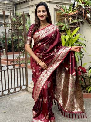 Maroon wevon jacquard zari faux banarasi silk blend festive ceremonial saree 1