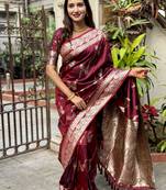Maroon wevon jacquard jari banarasi silk blend festive ceremonial saree