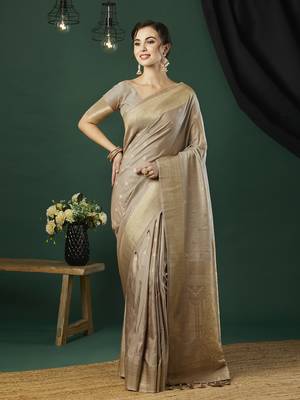 Grey nylon faux banarasi wevon jacquard ethnic indian traditional look saree 1