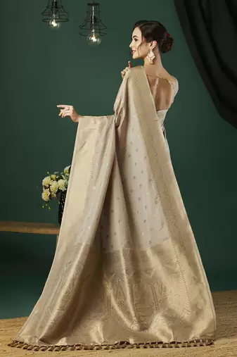 Grey nylon faux banarasi wevon jacquard ethnic indian traditional look saree