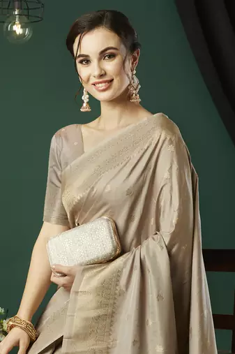Grey nylon faux banarasi wevon jacquard ethnic indian traditional look saree