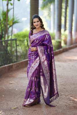 Violet wevon jacquard zari faux banarasi silk blend festive ceremonial saree 1