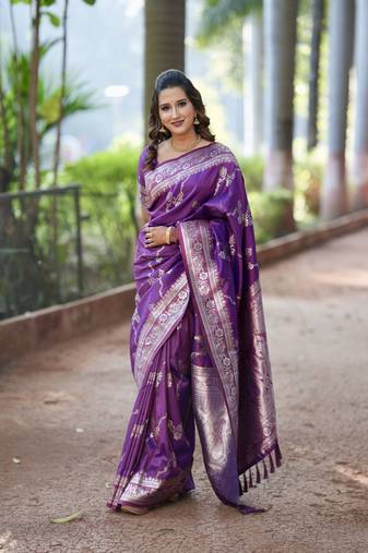 Violet wevon jacquard jari designer banarasi silk blend festive ceremonial saree