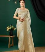 Cream nylon banarasi wevon jacquard designer ethnic indian traditional look saree