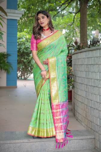 Women's Pista Green Faux Patola Silk Zari Woven Traditional Saree with Blouse