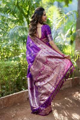 Violet wevon jacquard zari faux banarasi silk blend festive ceremonial saree 2