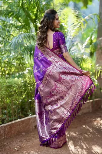 Violet wevon jacquard zari faux banarasi silk blend festive ceremonial saree