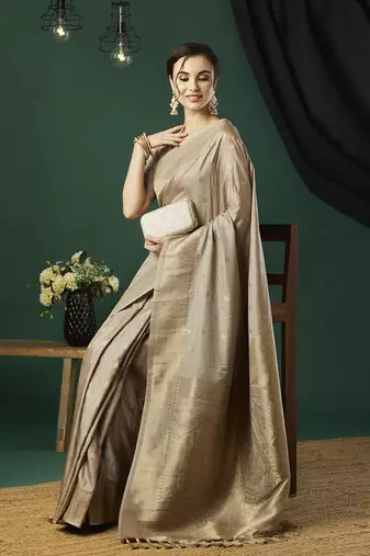 Grey nylon faux banarasi wevon jacquard ethnic indian traditional look saree