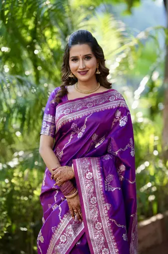 Violet wevon jacquard zari faux banarasi silk blend festive ceremonial saree