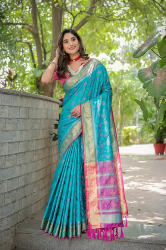 Women's Turquoise Faux Patola Silk Zari Woven Traditional Saree with Blouse
