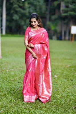 Pink wevon jacquard zari faux banarasi silk blend festive ceremonial saree 1