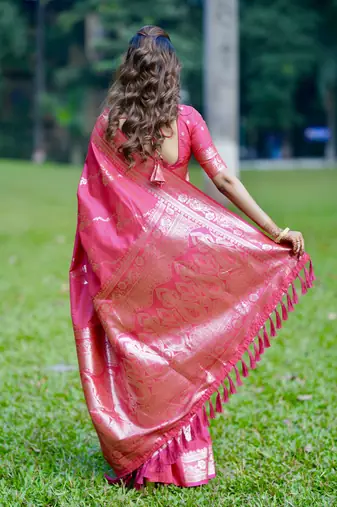 Pink wevon jacquard zari faux banarasi silk blend festive ceremonial saree