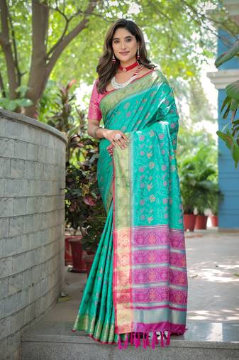 Women's Sea Green Faux Patola Silk Zari Woven Traditional Saree with Blouse