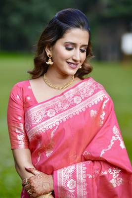Pink wevon jacquard zari faux banarasi silk blend festive ceremonial saree 3