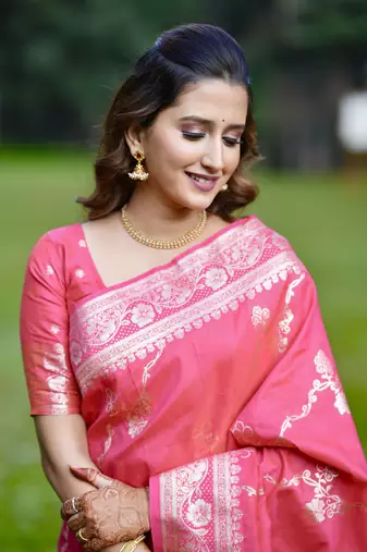 Pink wevon jacquard zari faux banarasi silk blend festive ceremonial saree