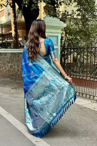 Sky blue wevon jacquard zari faux banarasi silk blend festive ceremonial saree