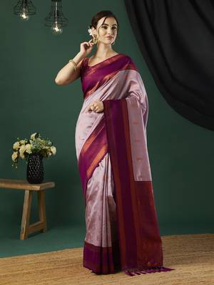 Pink faux banarasi silk blend wevon zari heavy looks glamorous ceremonial saree 1