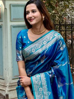 Sky blue wevon jacquard zari faux banarasi silk blend festive ceremonial saree 3