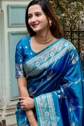 Sky blue wevon jacquard zari faux banarasi silk blend festive ceremonial saree