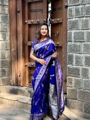 Royal blue wevon jacquard zari faux banarasi silk blend festive ceremonial saree 1