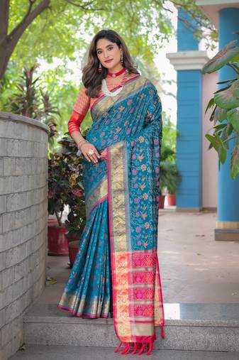 Women's Teal Faux Patola Silk Zari Woven Traditional Saree with Blouse