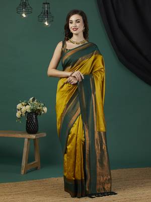 Mustard faux banarasi silk blend wevon zari heavy looks glamorous ceremonial saree 1