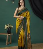 Mustard banarasi silk blend wevon jari designer heavy looks glamorous ceremonial saree