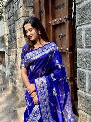 Royal blue wevon jacquard zari faux banarasi silk blend festive ceremonial saree 2