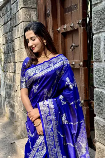 Royal blue wevon jacquard zari faux banarasi silk blend festive ceremonial saree