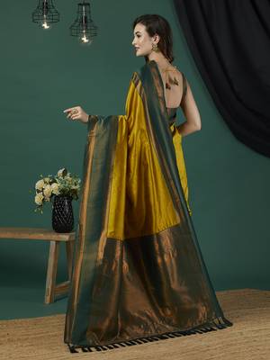 Mustard faux banarasi silk blend wevon zari heavy looks glamorous ceremonial saree 2