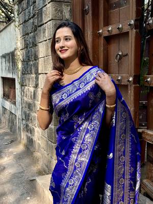 Royal blue wevon jacquard zari faux banarasi silk blend festive ceremonial saree 3