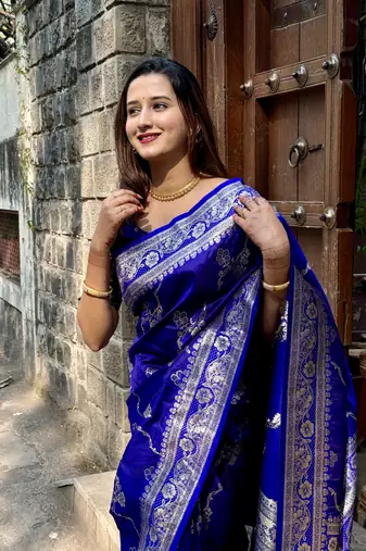 Royal blue wevon jacquard zari faux banarasi silk blend festive ceremonial saree
