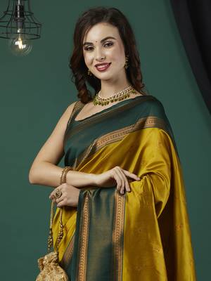 Mustard faux banarasi silk blend wevon zari heavy looks glamorous ceremonial saree 3