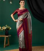 Grey banarasi silk blend wevon jari designer heavy looks glamorous ceremonial saree